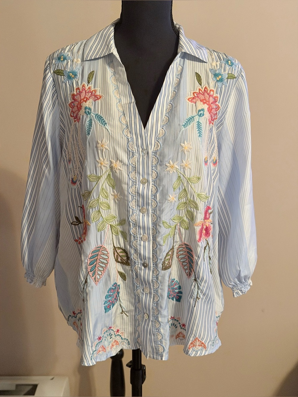 NWOT Johnny Was Workshop embroidered light blue pinstripe Floral Blouse. Size S